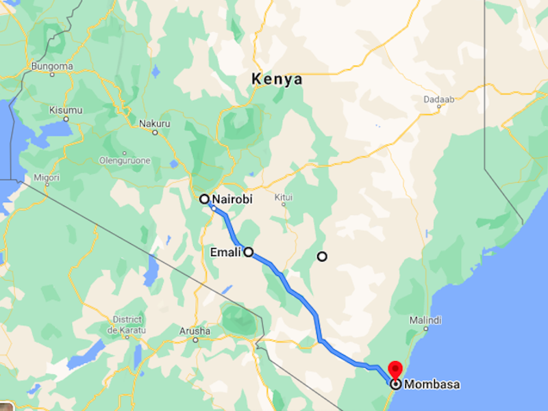 Carte du trajet de Nairobi vers Mombasa